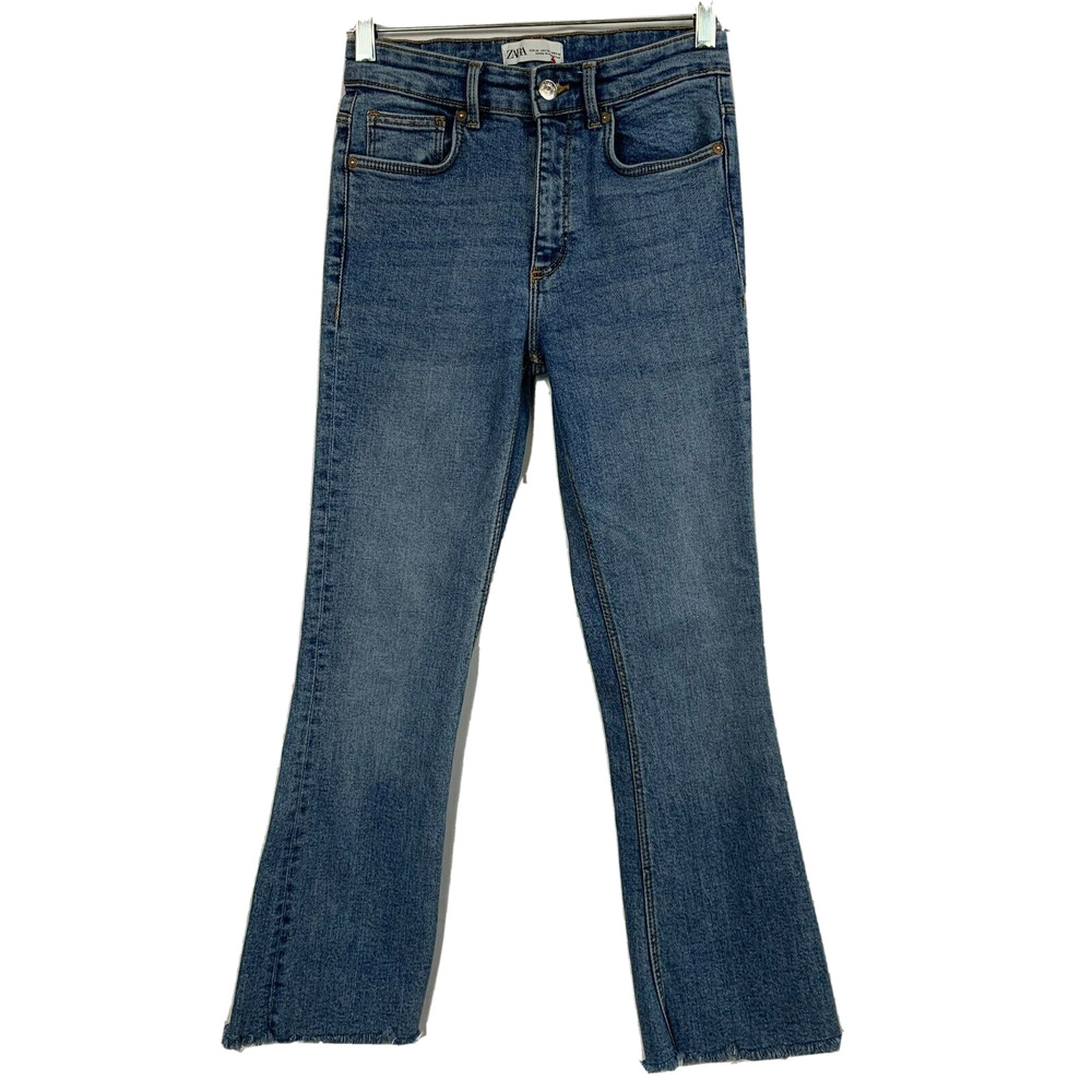 Zara Jeans Womens Sz 4 Blue Bootcut Stretch Denim Raw Hem Mid Rise